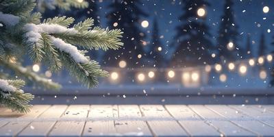 The primary subject of the image is a pine tree with snow on its branches. The tree is located in a snowy environment, and the setting includes a wooden surface. The visual style of the image is a digital art or illustration, creating a serene and wintry atmosphere. The dominant colors in the image are white, representing the snow, and green, representing the pine tree.